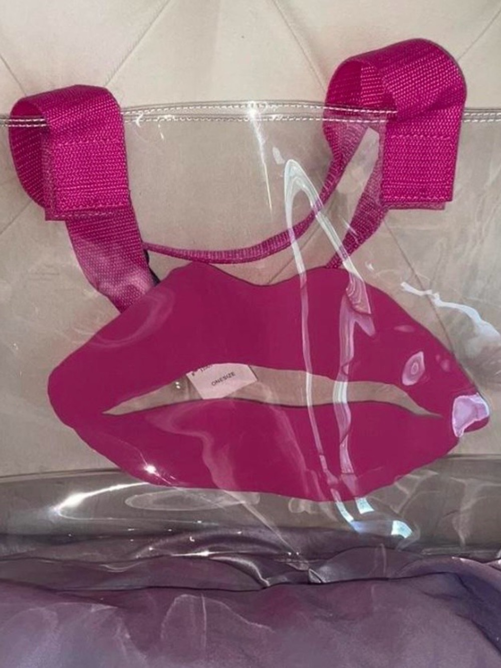 Saks Fifth Avenue Clear Tote Bag with Fuchsia Lip Accent and Matching Handles